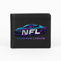 NFL Need for Lights matte black bifold wallet with purple-teal Audi R8 gradient logo