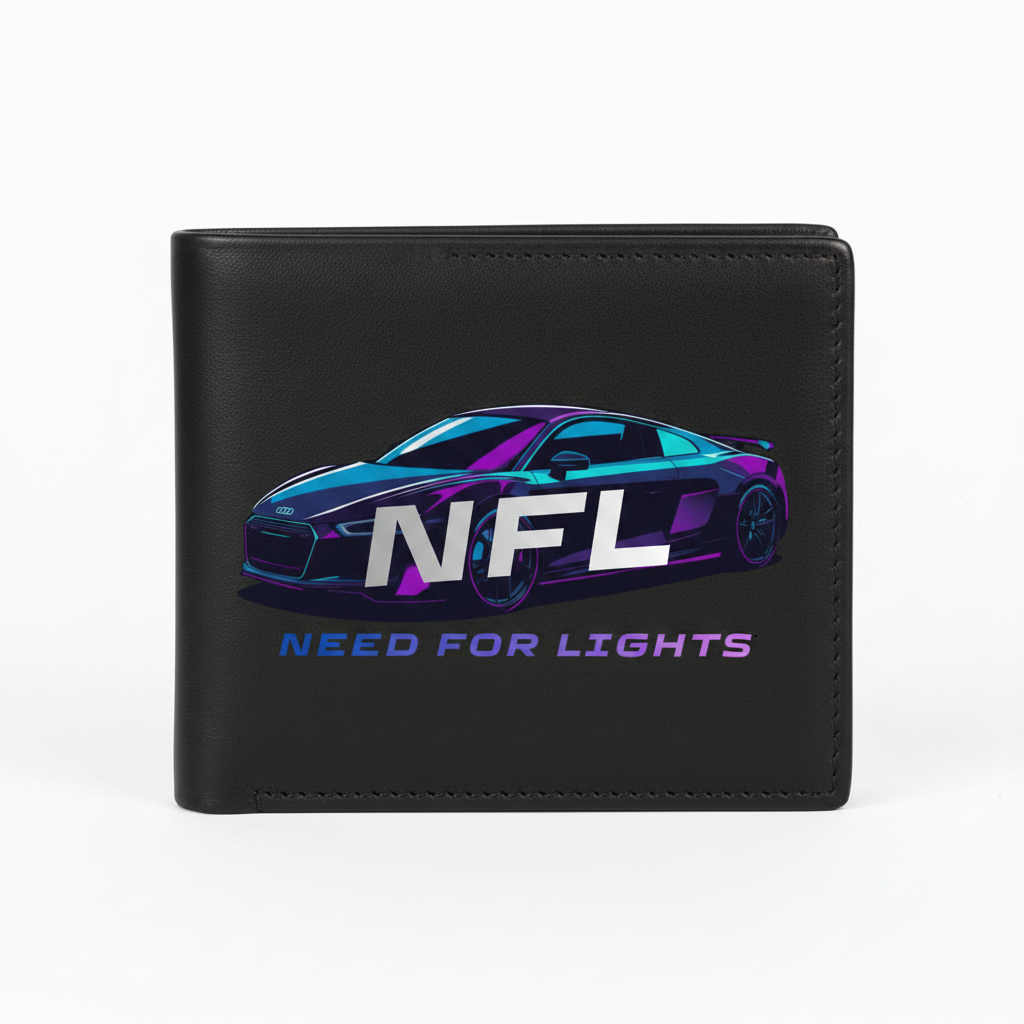 NFL Need for Lights matte black bifold wallet with purple-teal Audi R8 gradient logo